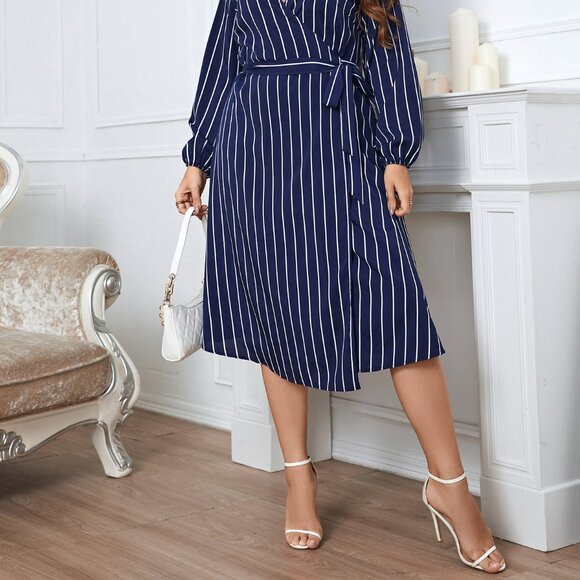 Melo Apparel Plus Size Striped Surplice Neck Long Sleeve Dress - Picture 4 of 7